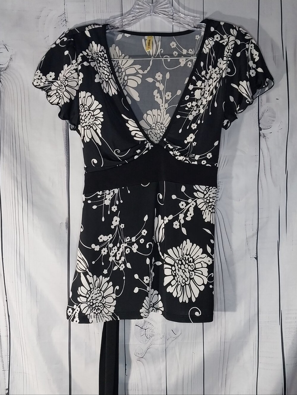 Tempted Black & White Floral V-Neck Vintage Y2K Babydoll Whimsygoth Top
